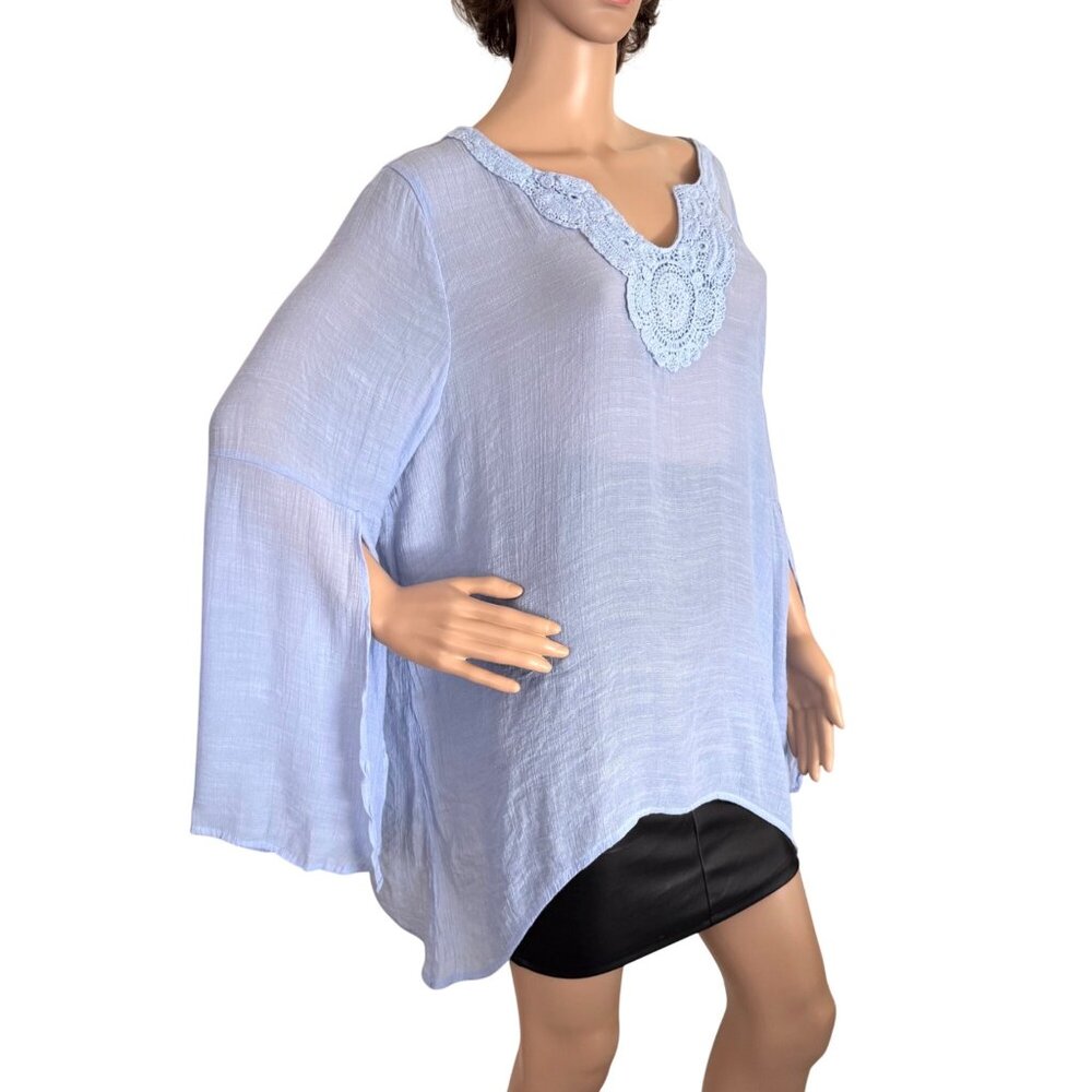 Spense Top Size XXL Light Blue Crochet Neckline Boho Tunic Blouse - Picture 9 of 10